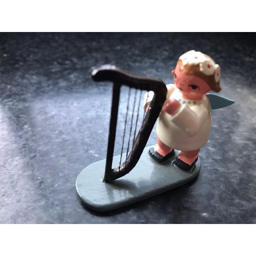 Vintage Christmas Wooden Music Angel Playing The Harp Erzgebirge Made In Germany